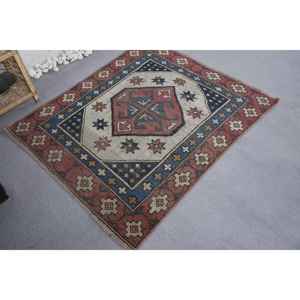 Alfombra de lana étnica, rojo, azul, 3,8x4,3 pies, patrón de retazos, alfombra de sala de estar, látex para entrada, pasillo, rectángulo, rompecabezas a rayas - Product Image 2