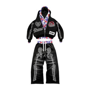 Conjunto Deportivo Personalizado de Otoño, Estilo Urbano, de Algodón, Holgado, con Cremallera, Estampado Puff, Sudadera con Capucha, Pantalones Acampanados, Conjunto de Jogger de Felpa para Hombre - Product Image 1