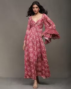 Handmade Indian Cotton Long Dress Floral <b>Printed</b> Bride Wedding Gift Sweet Style Honeymoon Summer Wear Natural Waistline Fabric - Product Image 1