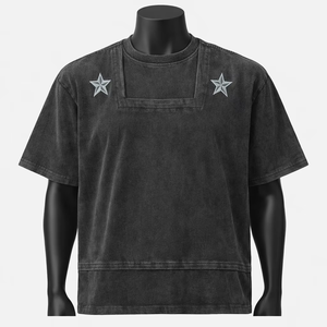 Camiseta de punto oversize para hombre, manga corta, cuello redondo, algodón lavado, color liso, logo de estrella frontal, ecológica - Product Image 1