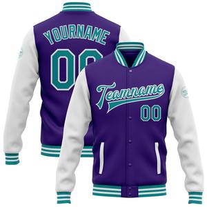 Vente en gros dans l'industrie directe de bombardier décontracté d'hiver personnalisé violet blanc sarcelle veste bicolore Varsity Letterman à snap intégral - Product Image 1