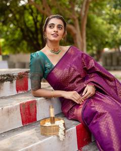 Hermoso Sari Indio de Seda Suave Banarasi con Trabajo de Tejido Zari, Piezas de Blusa, Ropa Tradicional de Verano, Sin Arrugas, Protección Solar - Product Image 3