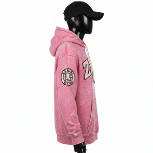 Sudadera Premium de 330 g/m² con Lavado Ácido, Felpa de Algodón Suave, Color Rosa, Logotipo de Parche Bordado Personalizado, Panel de Manga Básico - Product Image 2