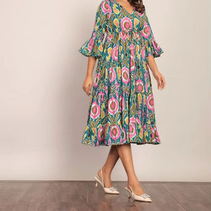 Robe midi imprimée florale multicolore Robe d'été à manches longues Robe en coton à la mode Robe western une pièce pour femmes - Product Image 1