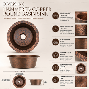 DIVRIS Évier rond en cuivre martelé fait main, vasque simple à poser sur comptoir, finition rustique polie, facile à nettoyer, taille 16 pouces - Product Image 3