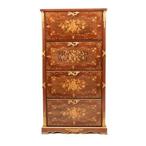 Meuble à chaussures de luxe de style français à 4 niveaux avec marqueterie florale complexe, en bois d'acajou de qualité supérieure et ornements en laiton doré - Product Image 1