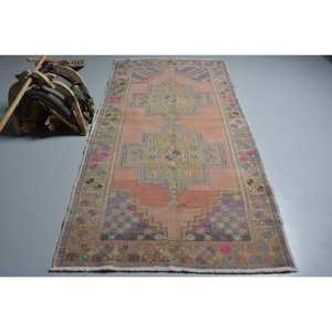 Alfombra de lana rosa verde Bohemia turca Vintage 4,2x8,6 pies hecha a mano área grande Patchwork rectángulo látex para decoración de habitación de pasillo - Product Image 1