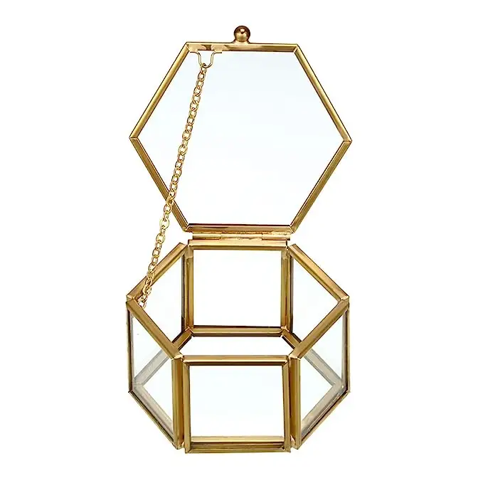 Jewelry Accessories Storage Box Hexagon Shape Dressing Decorative Jewelry Box Glass And Brass Frame Decor Trinket Box