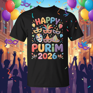 Camiseta Festiva de Purim 2026 con Diseño de Máscara de Mascarada y Globos para Celebraciones - Product Image 3