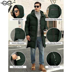 Veste matelassée à capuche pour hommes, manteau matelassé long et chaud pour l'hiver, coupe-vent, fermeture éclair complète, vêtements d'extérieur épais avec 4 poches par temps froid - Product Image 2