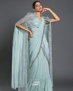 CL เสื้อสเวตเตอร์ผ้าส่าหรีแบบดั้งเดิมผ้าจอร์เจียแบบคลาสสิกพร้อมดีไซน์จีบสวยสำหรับงานแต่งงานส่าหรีจากอินเดีย - Product Image 5