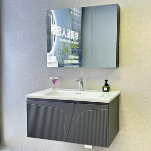Meuble de salle de bain moderne de luxe en bois massif avec lavabo en céramique intégré, 2 étagères, poignées en acier inoxydable et design lumineux - Product Image 3