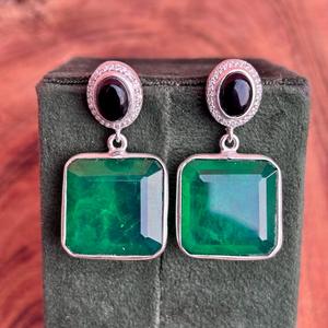 Handmade Green Emerald Look Drop <b>Earrings</b> with <b>Black</b> <b>Onyx</b> Stud Silver Plated Square Gemstone Jewelry for Women - Product Image 4