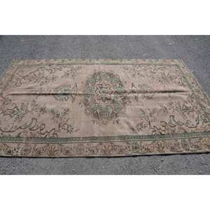 Tapis Vintage en Laine Beige Vert Patchwork Design Grand Rectangle de 5.5X9.4 pieds Style Classique pour Entrée Couloir Peluche Latex - Product Image 3