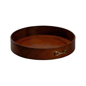 Plateau de service rond en cuir en bois - Product Image 1