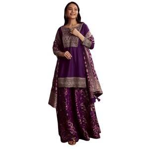 Purple Dola Silk Palazzo <b>Suit</b> With Heavy Embroidery Wholesale Women Ethnic Apparel OEM Clothing Factory Bulk Supplier Custom - Product Image 2