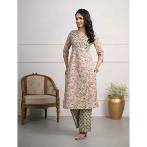 Green for Cream <b>Printed</b> Cotton <b>Block</b> Pant Set of 2 Salwar Kameez - Product Image 3
