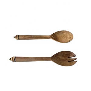 Service à salade en bois d'acacia, ensemble de cuillères, bol à salade de fruits en acier, gadgets de cuisine, serveurs à salade décoratifs en acier inoxydable - Product Image 6