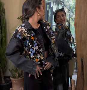 แจ็กเก็ตทรงหลวมสำหรับผู้หญิงประดับลูกไม้เย็บปะติดปะต่อกันน้ำหนักเบาแจ็กเก็ตผ้ายีนส์สำหรับผู้หญิง - Product Image 4