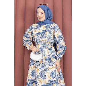 Indigo Palm Pattern Gathered Waist <b>Dress</b> <b>Custom</b> Designed Casual Hippie Style Breathable Knee-Length Size 2XL for Everyday Use - Product Image 2