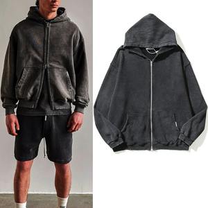 High Street Retro Washed Dirty Cut Zip Hooded Sweatshirts <b>Jacket</b> <b>Men</b> and Women Blank Harajuku Oversized Casual Hoodies - Product Image 1