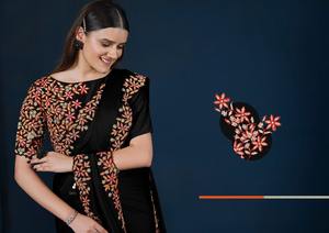 Auf Lager Lila Bestickter Krepp-Sari - Product Image 5