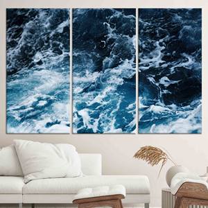 Elegante lienzo impreso en 3D con diseño de olas del océano: arte de pared costero, JUEGO DE 3 LIENZOS - Product Image 1