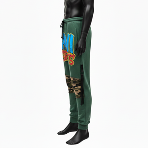High Quality Premium Cotton Polyester Fleece Jogger Pant <b>Green</b> With Camo Knee Panels Screen Print Logo <b>men's</b> Jogger Pant - Product Image 3