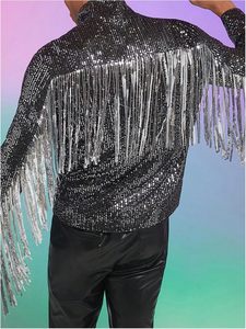 Chaquetas con flecos para hombre, abrigos de manga larga con cremallera y lentejuelas, chaqueta de moda para hombre, con flecos, cierre de cremallera, manga larga - Product Image 2