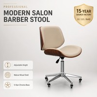 Tabouret de Barbier en Noyer Beige Style Mid-Century Moderne, Hauteur Réglable, avec Roulettes Chromées pour Salon de Coiffure