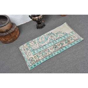 Alfombra de lana turca Vintage de 1,5x2,9 pies, diseño de retales Beige y azul, tejido plano con respaldo de látex para decoraciones de sala de estar - Product Image 2