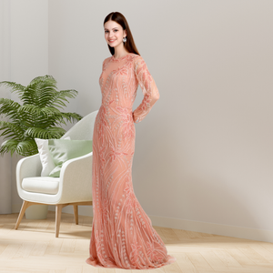 Elegante vestido de noche de lujo de tela suave para mujer con cuentas a mano con diseño de manga larga para uso de fiesta para venta de exportación - Product Image 2