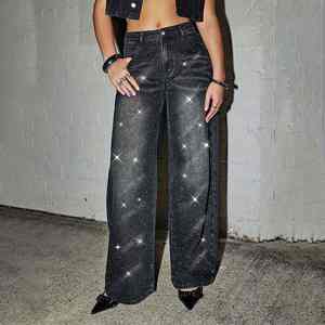 Pantalones Vaqueros Negros con Pedrería, Estilo Urbano, Corte Holgado, Brillantes, Jeans de Moda para Hombre, Casuales, Pierna Ancha, Personalizados, al por Mayor - Product Image 1