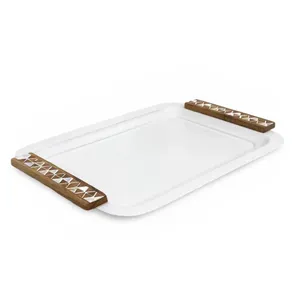 Juego de dos bandejas para servir comida de diferentes tamaños en bandeja de chocolates de acero inoxidable con asas de madera a granel - Product Image 2