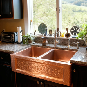 Lavello Artigianale in Rame Stile Antico per <span class=keywords><strong>Cucina</strong></span> di Villa, Design Grembiule Frontale a Vasca Singola o Doppia con Bacino Martellato - Product Image 2