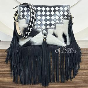 Latest Trending Designer 2025 Checkered Design Luxury <b>Fringe</b> Handbag Hand Tooled Leather Genuine Cowhide Leather Shoulder Bags - Product Image 1