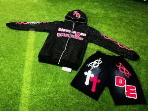 Vente en gros de sweat à capuche surdimensionné avec fermeture éclair pour hommes broderie en détresse avec strass pour manches-Streetwear en tissu polaire de coton - Product Image 5