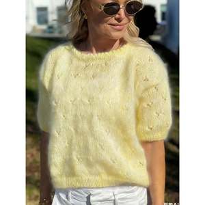 Women's Breathable 100% Acrylic Open-Knit Crew Neck Puff Sleeve Sweater with <b>Bow</b> and Button Details - Product Image 5