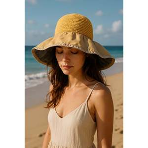 หมวกฟางกว้างถักมือพร้อมผ้าลายคาเมลและรายละเอียดงานถัก HSR2111 - camel2111 - Product Image 2