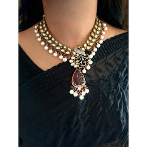 Lujo Vintage Pavo Real Kundan Polki collar pendientes chapado en oro cobre conjuntos de joyería fina con perlas diamantes para regalos - Product Image 4