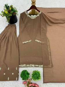 Conjunto de Tres Piezas de Moda Pakistaní para el Mes de Ramadán, Especial para el Eid, Bordado con Pedrería, Georgette, Seda, Piel Sintética, Sin Costuras, para Fiesta - Product Image 6