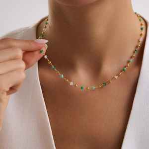 Collier en perles de cristal de jade, argent sterling 925, plaqué or 14 carats, chaîne en verre, bijoux en pierres précieuses, cadeau pour femme - Product Image 6