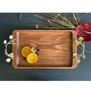 Bandeja para servir de madera de último diseño con mango de hoja de latón para decoración de centros de mesa Diseño único Mango Madera Servir alimentos - Product Image 1