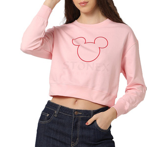 Sudadera Corta Rosa para Mujer con Cuello Redondo, Logotipo Personalizado, Estampado de Contorno, Manga Larga, Tejido de Algodón, Estilo Otoñal - Product Image 1