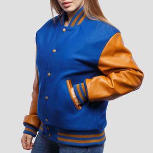 Veste universitaire en laine 100% avec manches en cuir, bleu et tan, personnalisable, unisexe, style baseball, bomber, fabricant OEM - Product Image 4