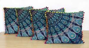 Funda de cojín Peacock Mandala 100% algodón cuadrado azul estampado étnico para decoración del hogar conjunto de sofá funda de cojín de consignadores indios - Product Image 2
