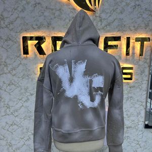 Sudadera con capucha desgastada con cremallera personalizada con estampado fino, chaqueta con cremallera con diamantes de imitación, lavado ácido, ropa de calle de lana lavada Vintage para hombres - Product Image 6