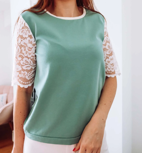 Fabricantes de ropa Logotipo personalizado Impreso Camiseta Casual Vintage Verde Salvia Algodón Encaje Manga Camiseta para mujer - Product Image 3