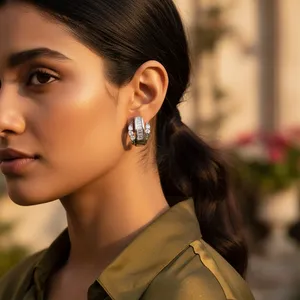 Pendientes Redondos de Plata con Corte Baguette para Mujer, Joyería Delicada Chapada en Oro de 14k y 18k, Oro Rosa, con Diamantes, Estilo Moderno para Regalo - Product Image 2