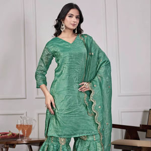 Designer Traditional Ethnic 3-Piece Set Readymade Stitched Sharara Gharara Georgette <b>Fabric</b> <b>Indian</b> Embroidery Work Reversible - Product Image 1